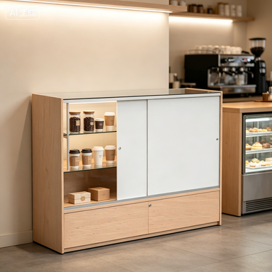Moderne boetiekvitrine met glazen plank en schuifdeuren voor opbergruimte, geschikt voor kledingwinkels en winkelpresentaties in de VS.