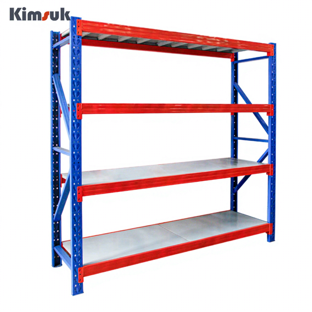 Robuust magazijnpalletrek van metaal en staal, geschikt voor garages en magazijnen. Opslagrekken.