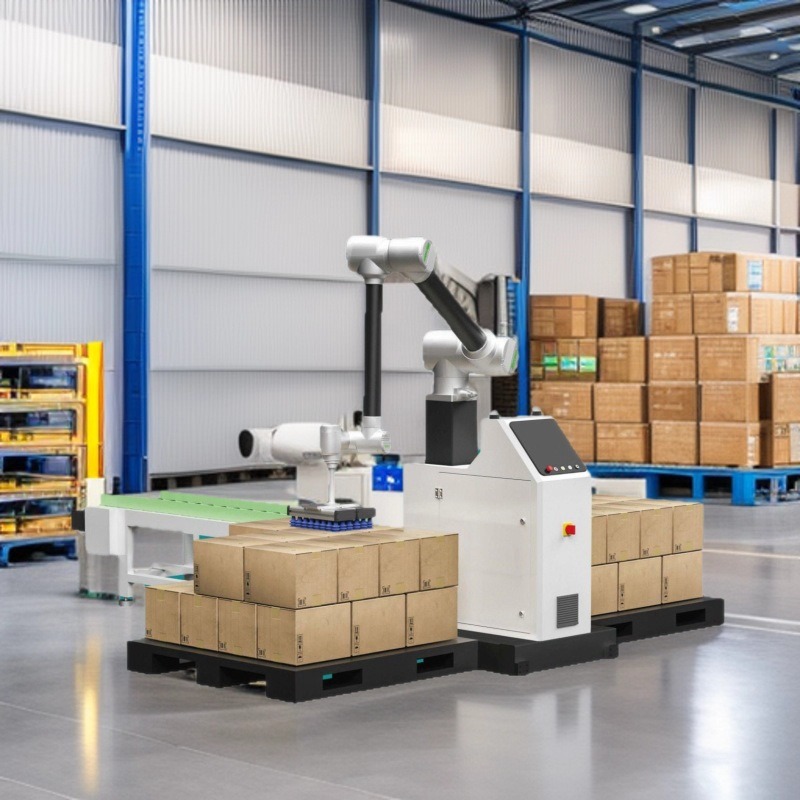 Modulaire, collaboratieve robotpalletiseerwerkplek met veiligheidsafscherming en touchscreen