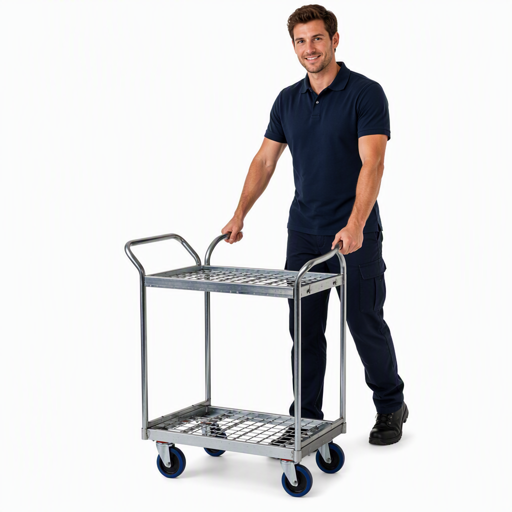Duurzame, middelgrote stalen rolpallet met 4 wielen, draagvermogen 350 kg, gewicht 35 kg, gegalvaniseerd oppervlak, 3 jaar garantie. Magazijnklaar.