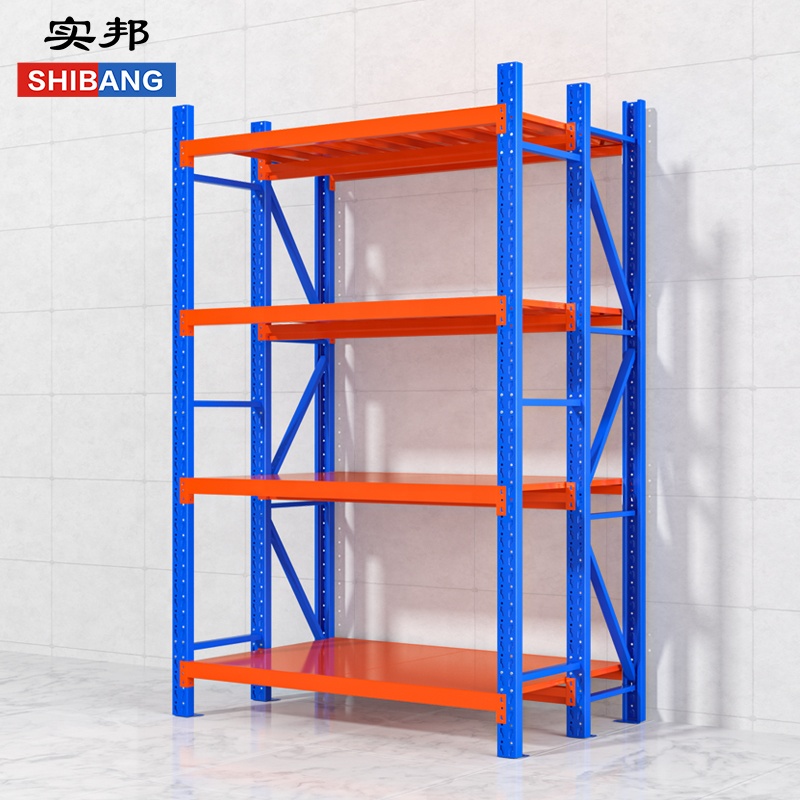 Shibang zware industriële palletstellingen met een draagvermogen van 400-1500 kg per laag, verstelbare stellingen van koudgewalst staal en corrosiebestendige constructie.