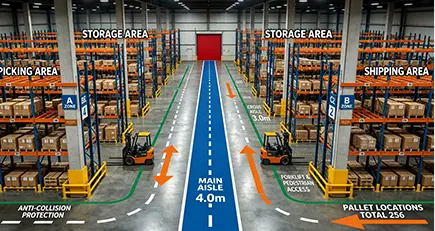 Compleet magazijnlogistiek inrichtingsplan met legborden en palletstellingen