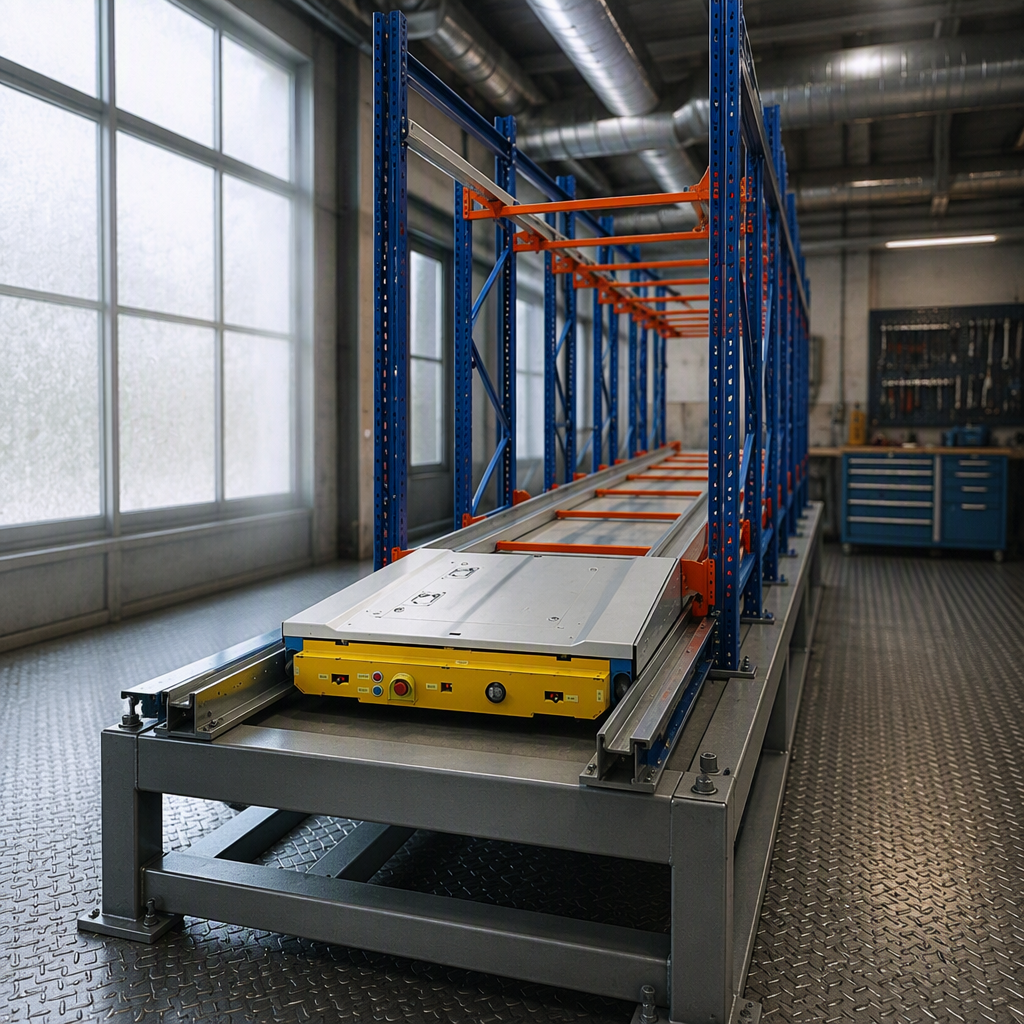 Ouglon Radio Shuttle Palletstellingen Volledig Geautomatiseerd Zwaar Uitrusting 12 Ton Staal Optimaliseert Vloeroppervlak Toegang via één gangpad Meerdere rijen
