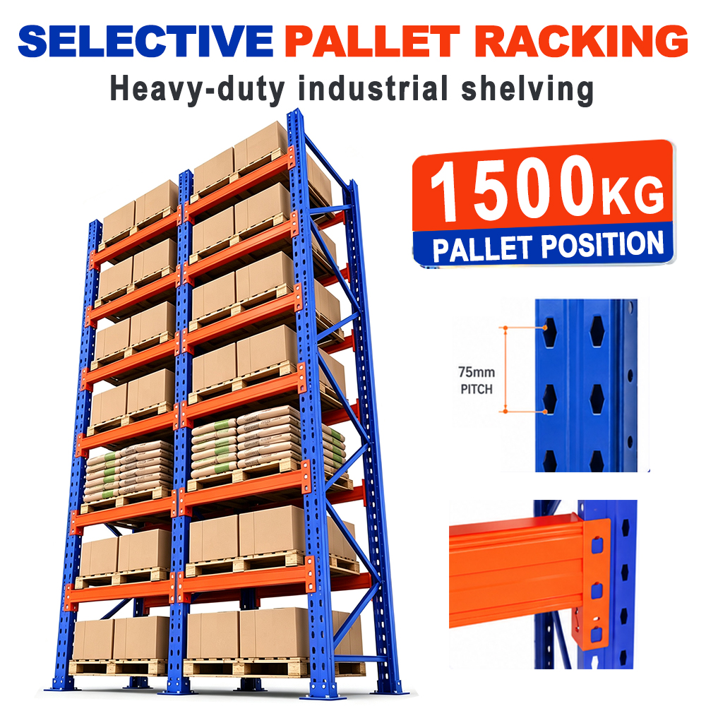 7-laags zwaar uitgevoerd palletstellingsysteem (L5000*B1000*H8550mm) met een draagvermogen van 1500 kg per laag. Stalen palletstelling voor magazijnopslag.