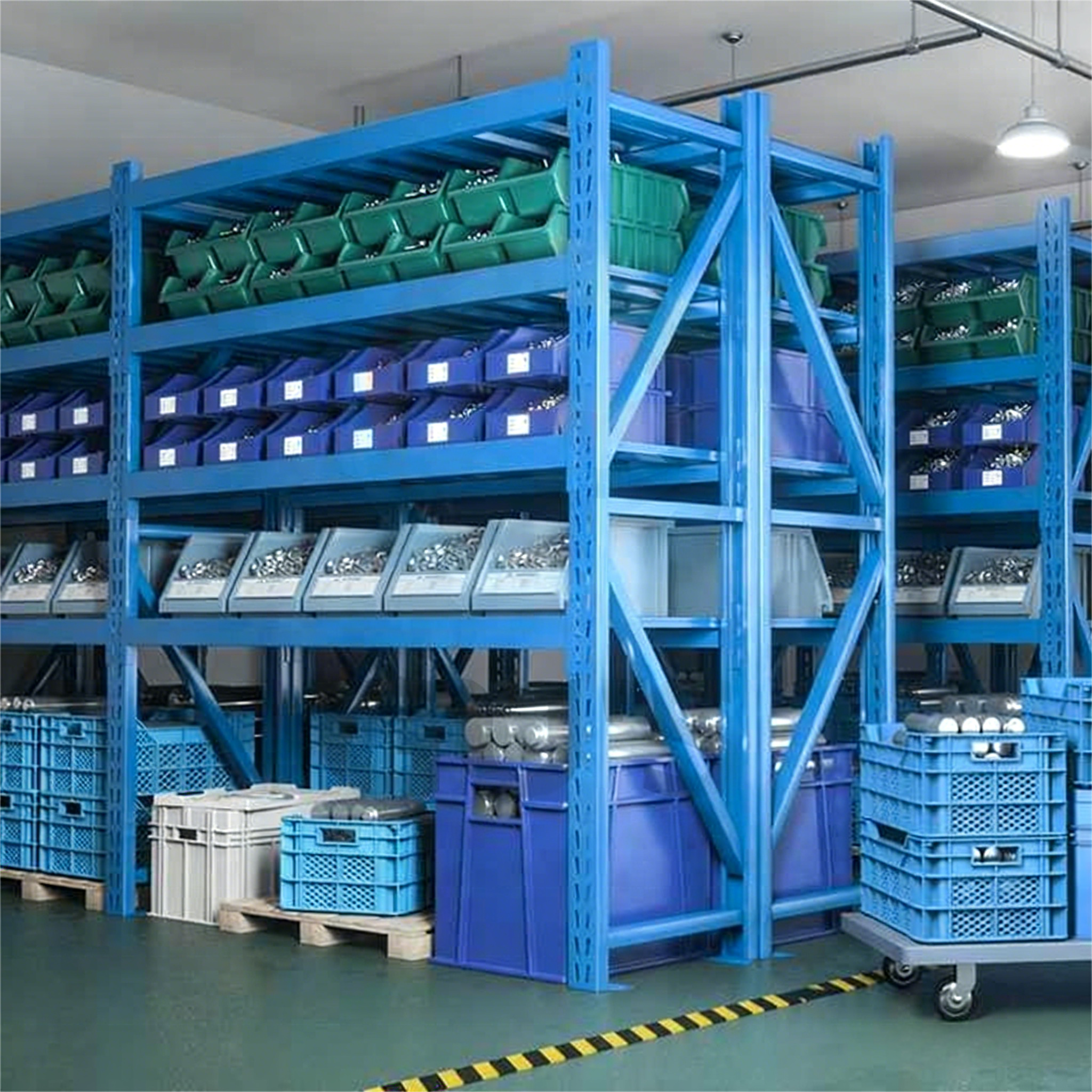 Hoogwaardige, duurzame, corrosiebestendige, boutloze, verstelbare metalen magazijnstellingen voor lichte industriële toepassingen.
