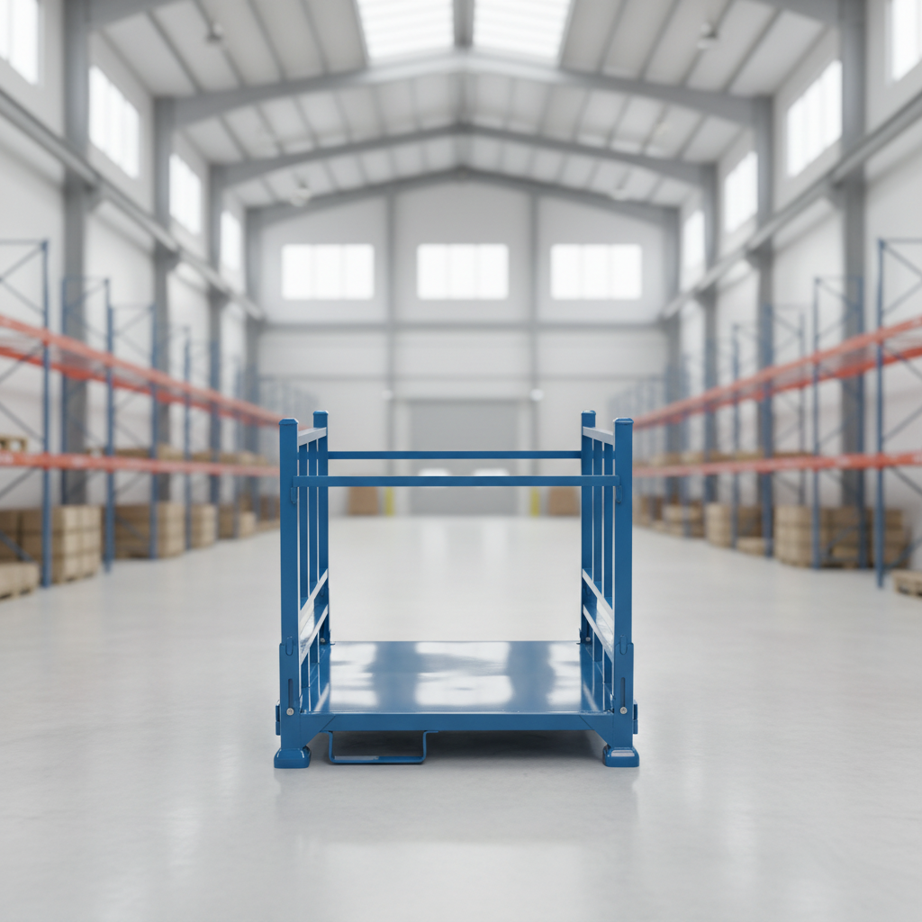 Draagbaar, opvouwbaar stalen palletstapelrek met geborstelde afwerking, geschikt voor lichte toepassingen zoals profielopslag en logistiek.