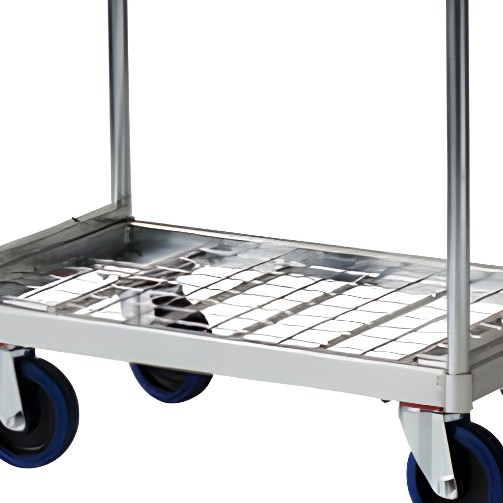Duurzame, middelgrote stalen rolpallet met 4 wielen, draagvermogen 350 kg, gewicht 35 kg, gegalvaniseerd oppervlak, 3 jaar garantie. Magazijnklaar.