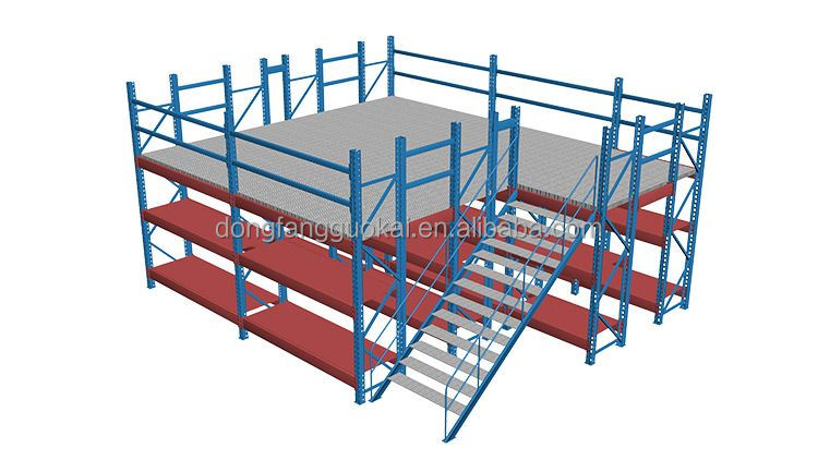 Tussenverdiepingsstellingen, stalen constructie, tussenverdiepingsplatform met grote overspanning en hoog draagvermogen voor magazijnopslagoplossingen.