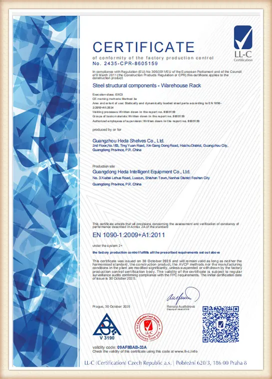 CE CPR Certificaat voor Palletstellingen Guangzhou Heda Shelves Co., Ltd.