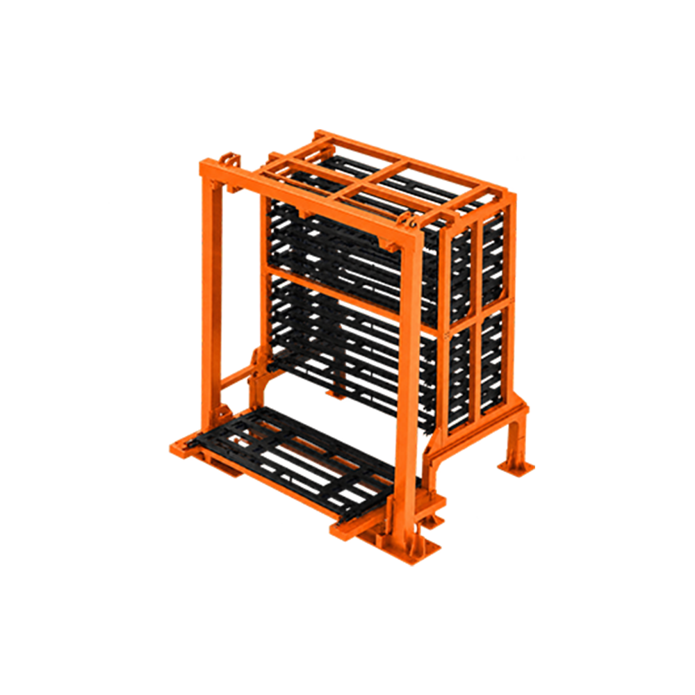 Automatisch opslagsysteem voor plaatmetaal in een metaalwerkplaats. Verticaal magazijn voor stalen platen met PLC-touchscreen. Intelligent opslagsysteem.