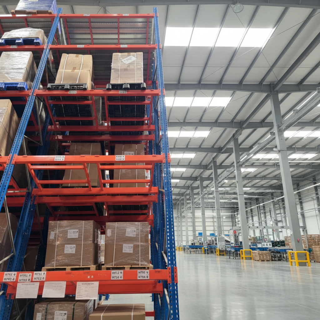 Magazijnstellingen, schappen, selectieve palletstellingen, verstelbaar, zwaar uitgevoerd, zeer sterk, koudgewalst staal, blauw gepoedercoat.