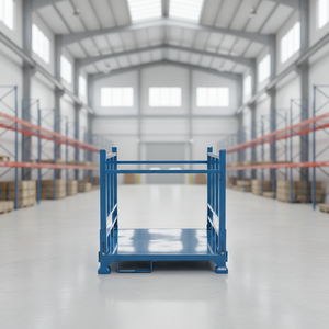 Draagbaar, opvouwbaar stalen palletstapelrek met geborstelde afwerking, geschikt voor lichte toepassingen zoals profielopslag en logistiek.