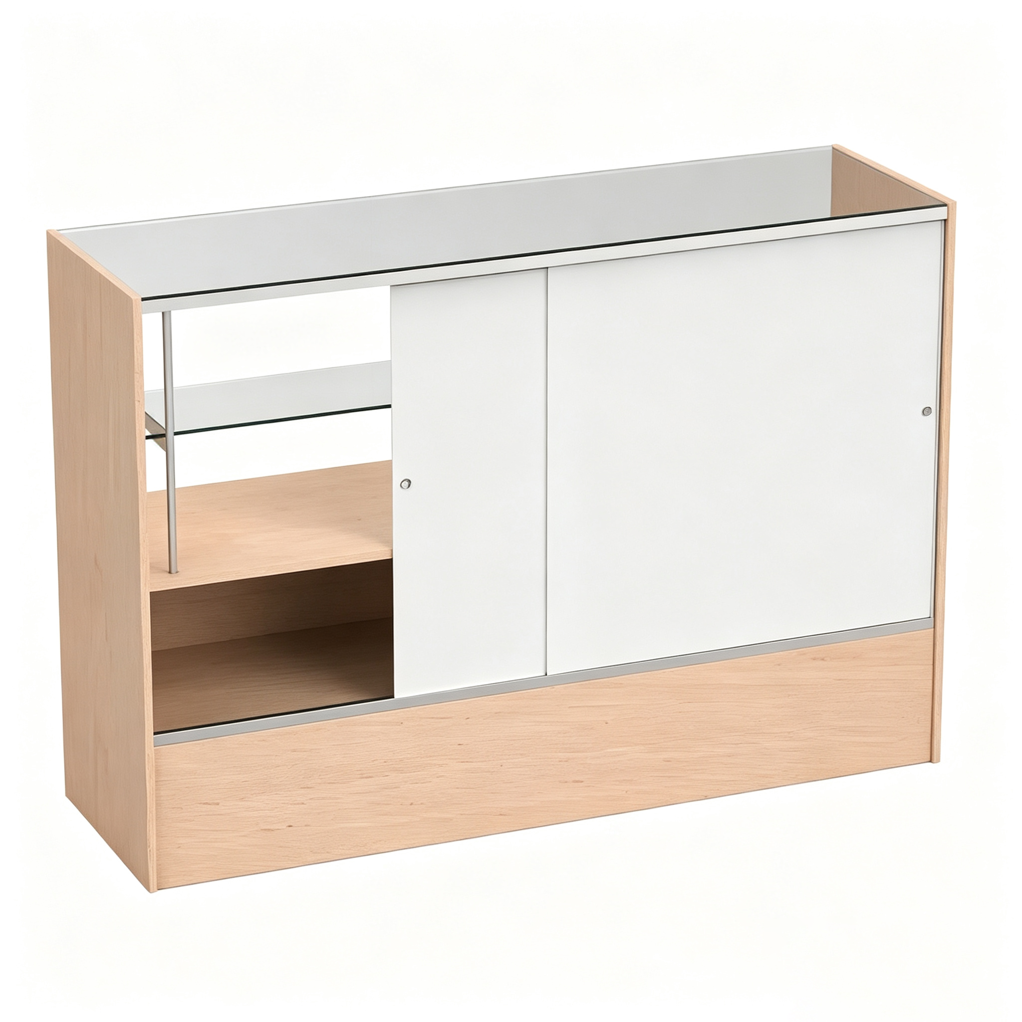 Moderne boetiekvitrine met glazen plank en schuifdeuren voor opbergruimte, geschikt voor kledingwinkels en winkelpresentaties in de VS.