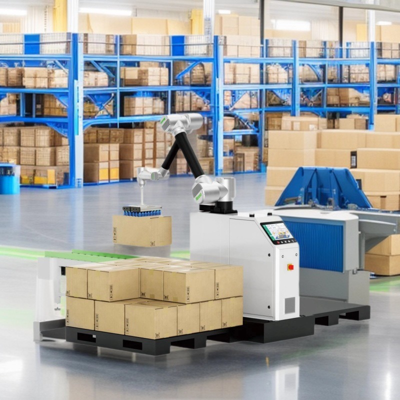 Modulaire, collaboratieve robotpalletiseerwerkplek met veiligheidsafscherming en touchscreen