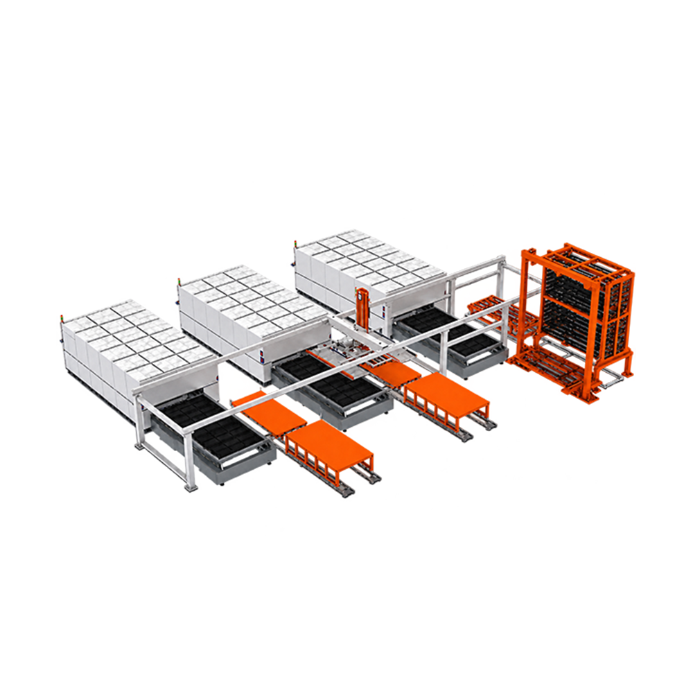 Automatisch opslagsysteem voor plaatmetaal in een metaalwerkplaats. Verticaal magazijn voor stalen platen met PLC-touchscreen. Intelligent opslagsysteem.