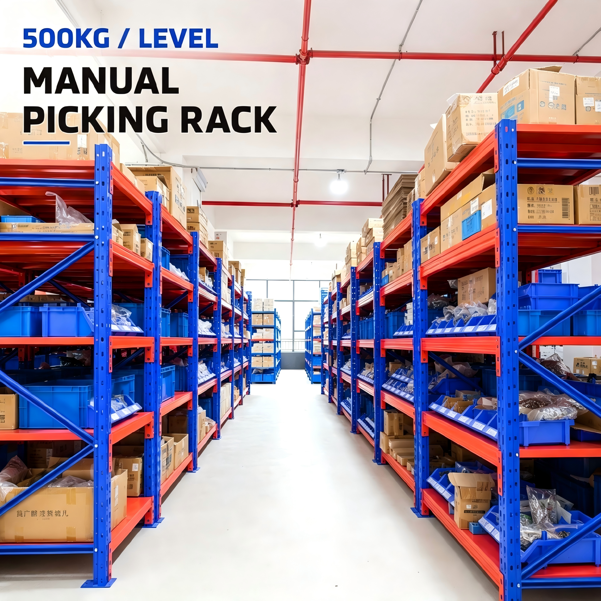 Fabrieksrechtstreeks: Stalen 4-laags/500 kg draagvermogen zware palletstelling, boutverbinding, metalen stellingen met lange overspanning, industriële magazijnopslagstellingen.