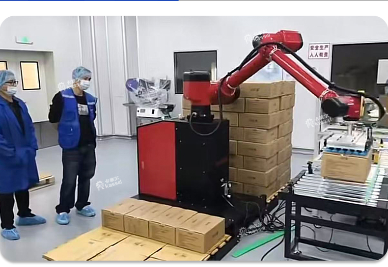 Geïntegreerd palletiseerwerkstation met een draagvermogen van 80 kg en een armspanwijdte van 2400 mm. Dit robuuste, automatische palletiseerrobotsysteem is geschikt voor zware toepassingen.